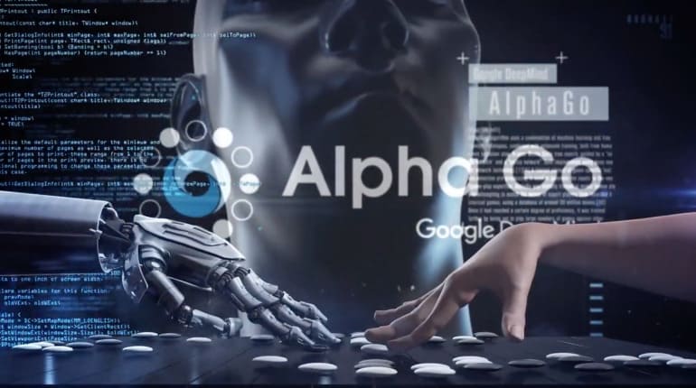 Futuristic illustration of AlphaGo with robot hand playing go