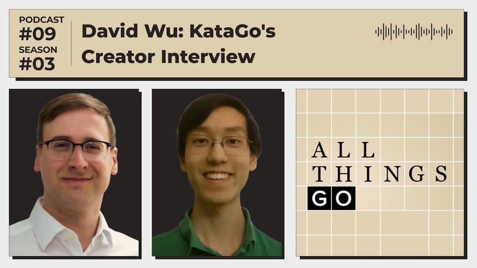 Podcast cover art from All Things Go featuring David Wu, creator of KataGo, with host photo and Go board background