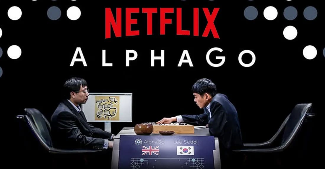Promotional image for the AlphaGo documentary showing a human Go player facing the AI team across a Go board on stage.
