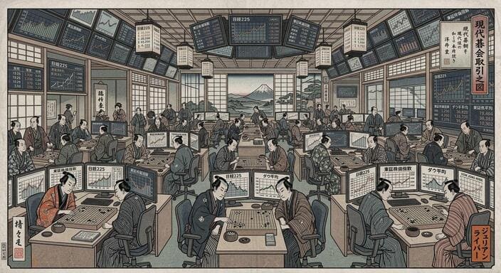 A stylized illustration showing traders in a Japanese-style market room where Go boards and stock market screens are combined.