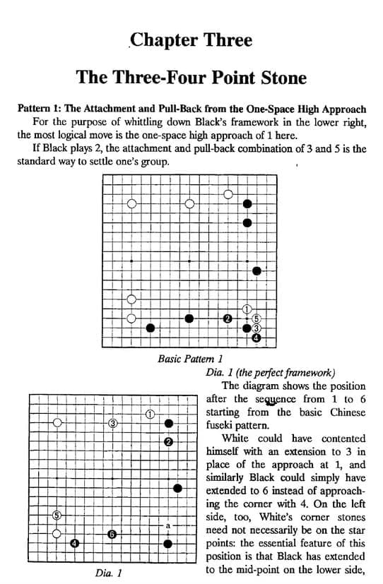 Diagrams showing the attachment and pull-back from the one-space high approach in a Go game.