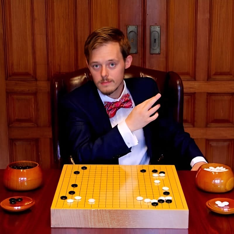 Portrait of a Go player sitting at a Go board with black and white stones