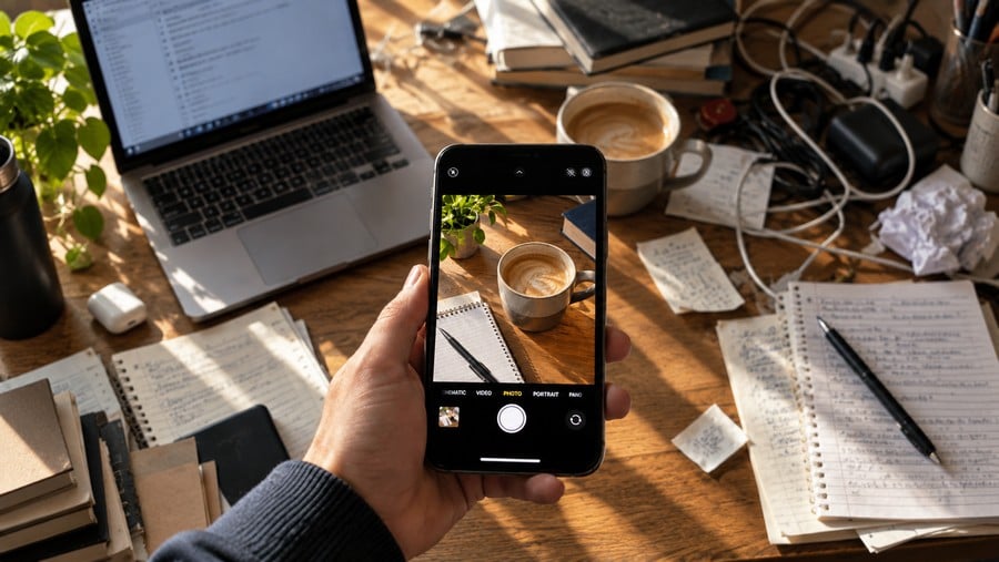 A hand holds a smartphone, photographing a cup of coffee on a cluttered desk with a laptop, notebooks, cables, and handwritten notes