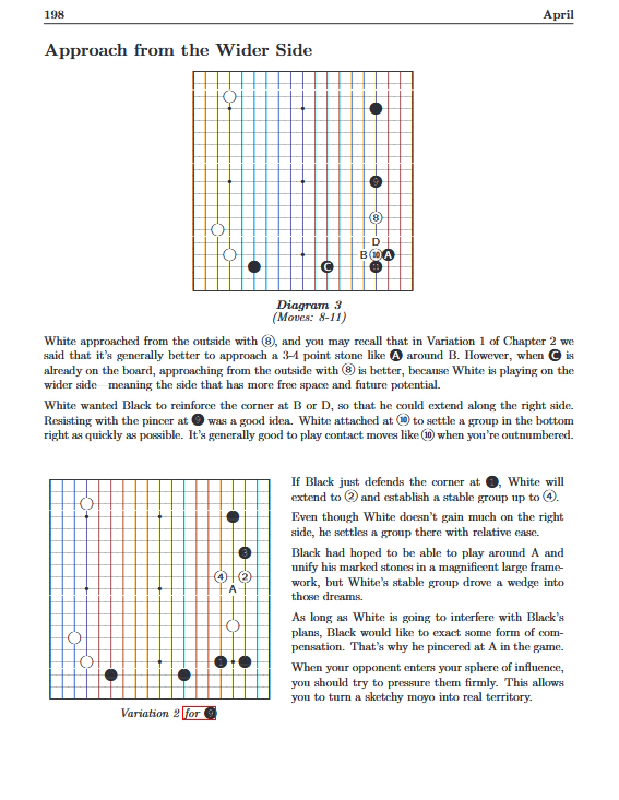 A Go strategy book page analyzing the concept of approaching from the wider side, featuring multiple board diagrams.