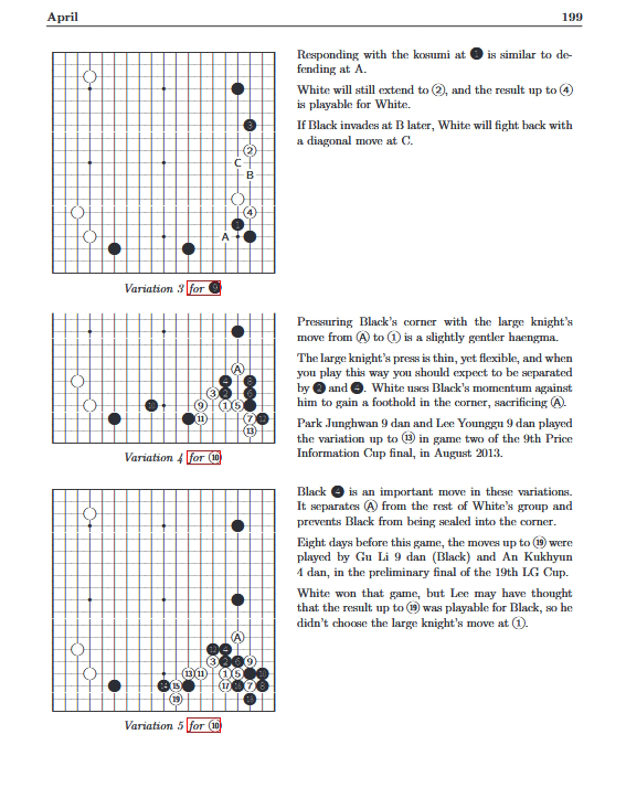 A continuation of the Go strategy book section on approaching from the wider side, with multiple variations and explanations.