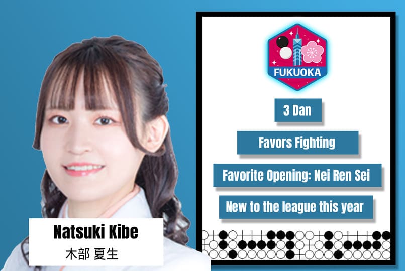Portrait of Natsuki Kibe with her 3 Dan Go profile card and preferred opening.