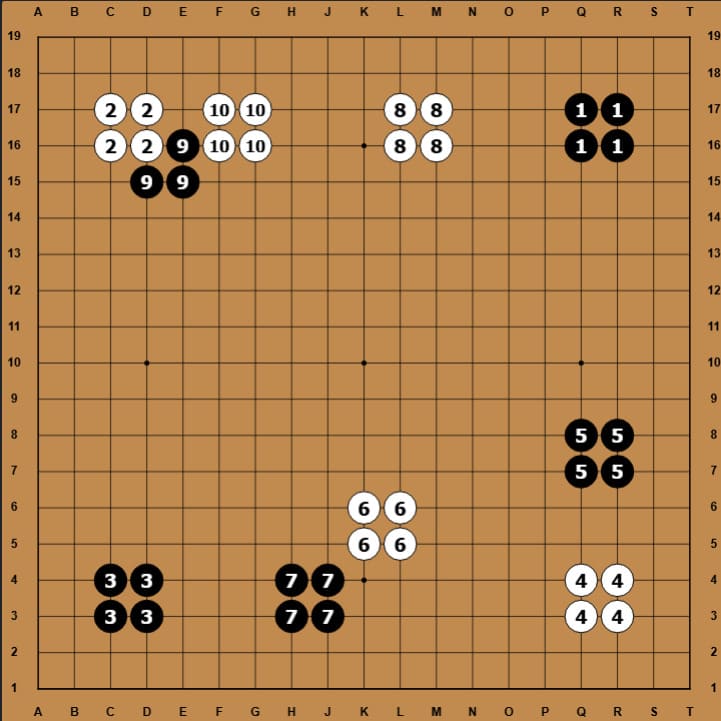 Go board diagram with several separated stone groups labeled with numbers, showing multiple marked positions across the board.