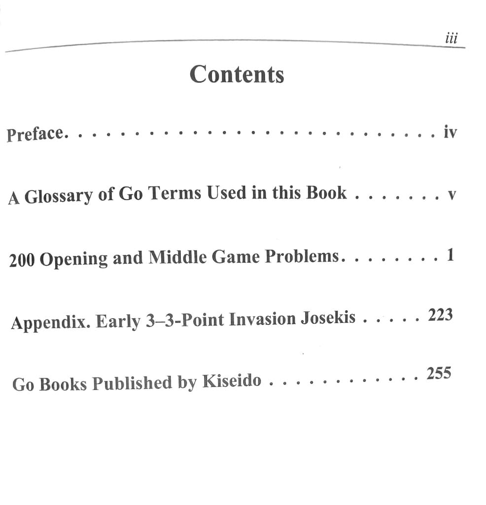 Chapter breakdown listing glossary, 200 Go problems, and early invasion josekis.