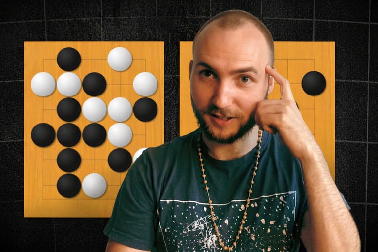 Thumbnail for a Go lesson about visualization, featuring a presenter and Go board diagrams in the background.