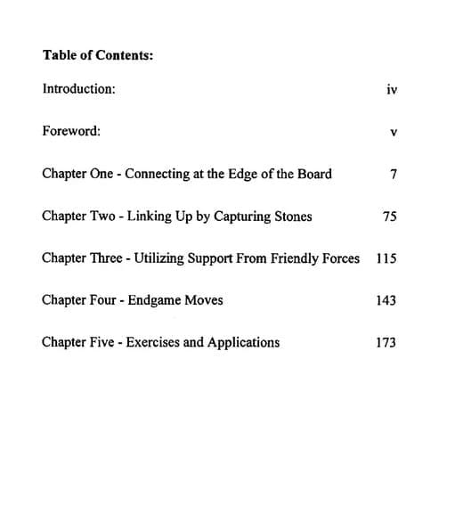 Page listing chapters about connecting techniques, endgame, and exercises.
