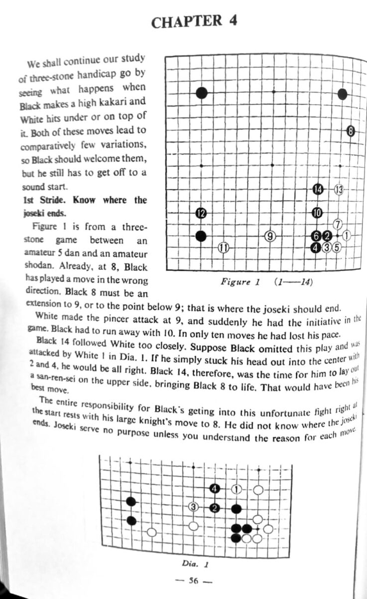 Go book page explaining handicap joseki with annotated board diagrams