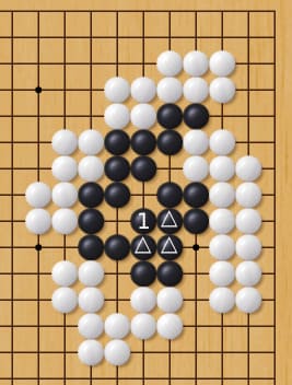 Go board diagram of the same position with triangle markers and a numbered point indicating a key move.