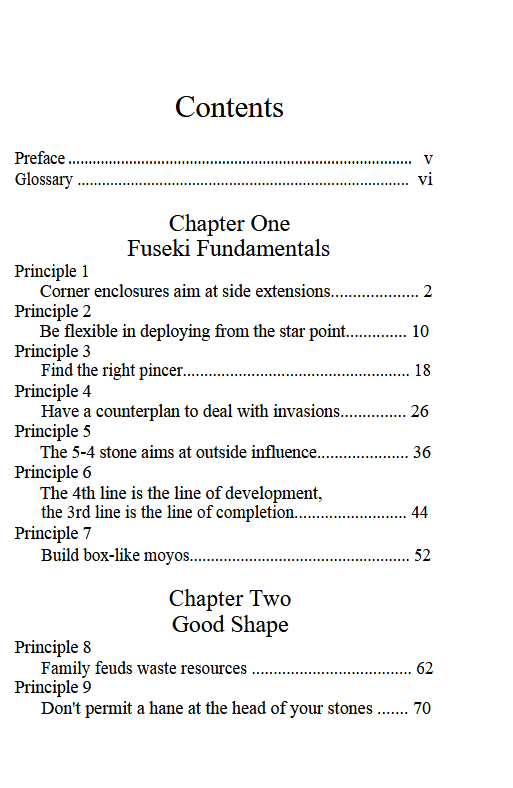 Table of contents from 'Opening Theory Made Easy,' listing fundamental Go opening principles and strategies.