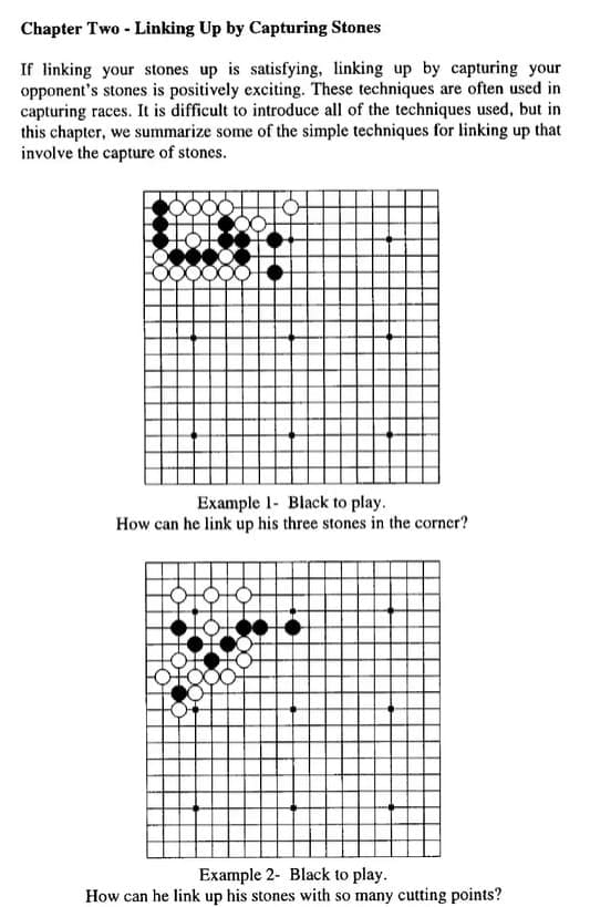 Diagrams and instructions showing how Black can connect stones by capturing.
