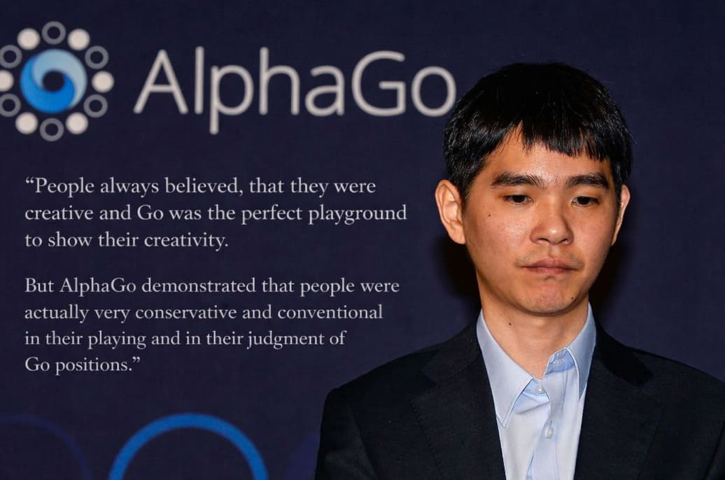 Portrait of Lee Sedol standing in front of an AlphaGo backdrop with a quote about creativity and Go
