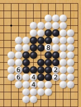 Go board diagram with several stones labeled by numbers, highlighting a move sequence inside the position.