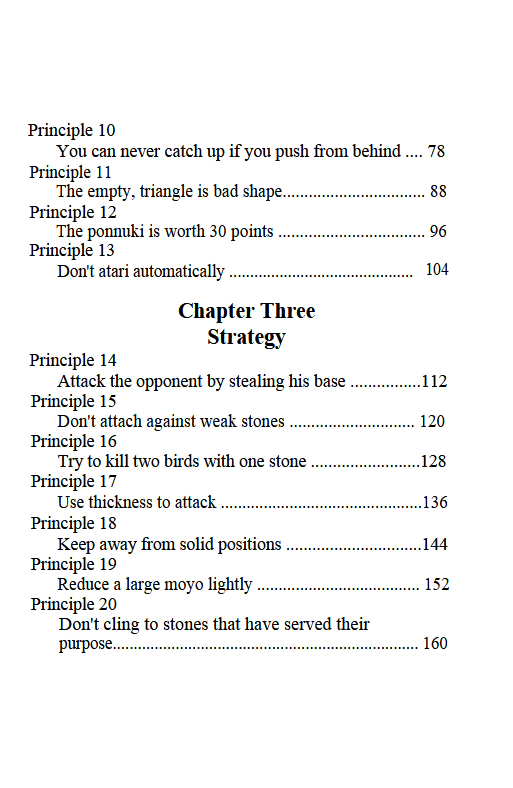 Table of contents from 'Opening Theory Made Easy' showing Go strategy principles, including attacking the opponent and reducing moyo.