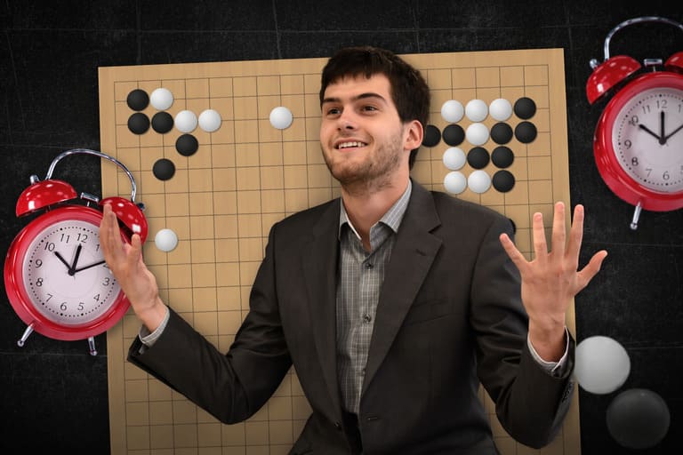 Thumbnail for a Go lesson on time management, showing a player beside a board and alarm clocks.