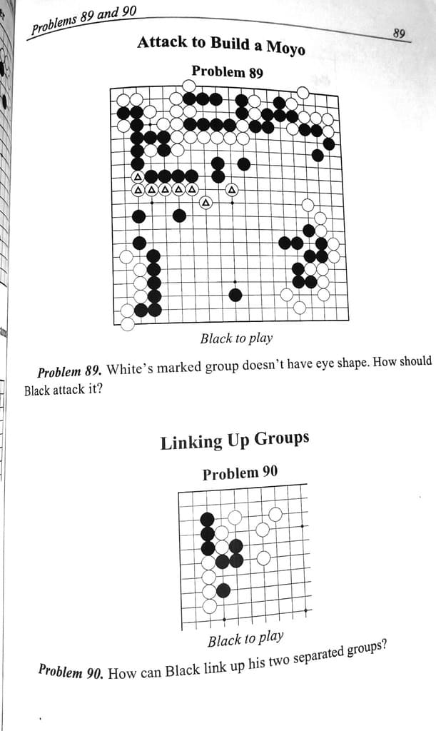 Go board puzzles asking how to attack or connect stone groups effectively.