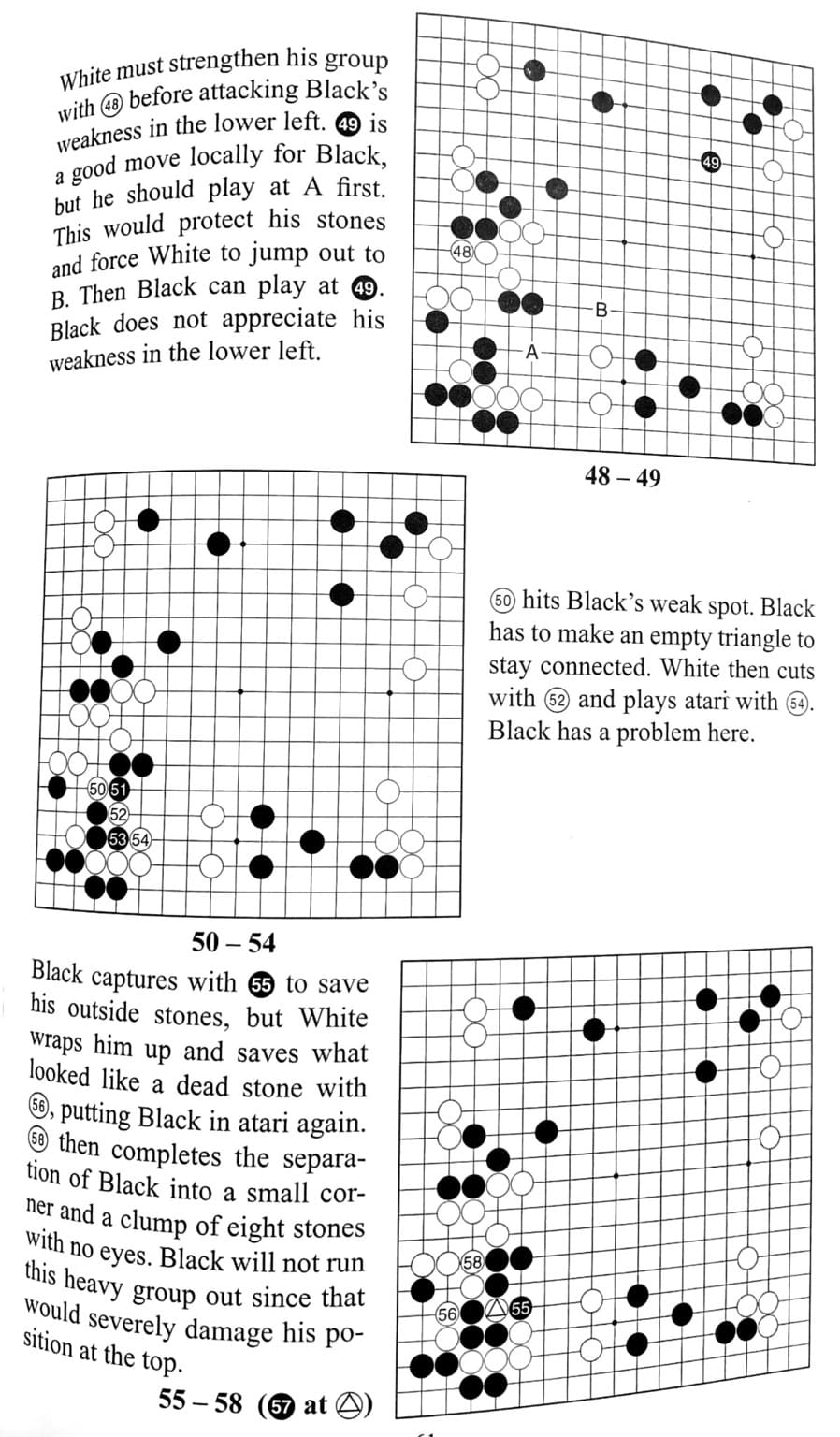 Go diagrams showing an attack sequence against weak groups on the board
