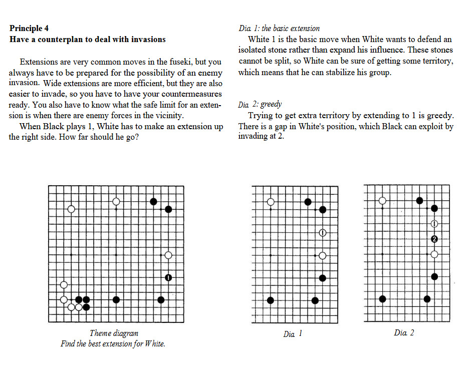 A page from 'Opening Theory Made Easy' discussing countermeasures against invasions in Go, with diagrams illustrating defensive extensions.