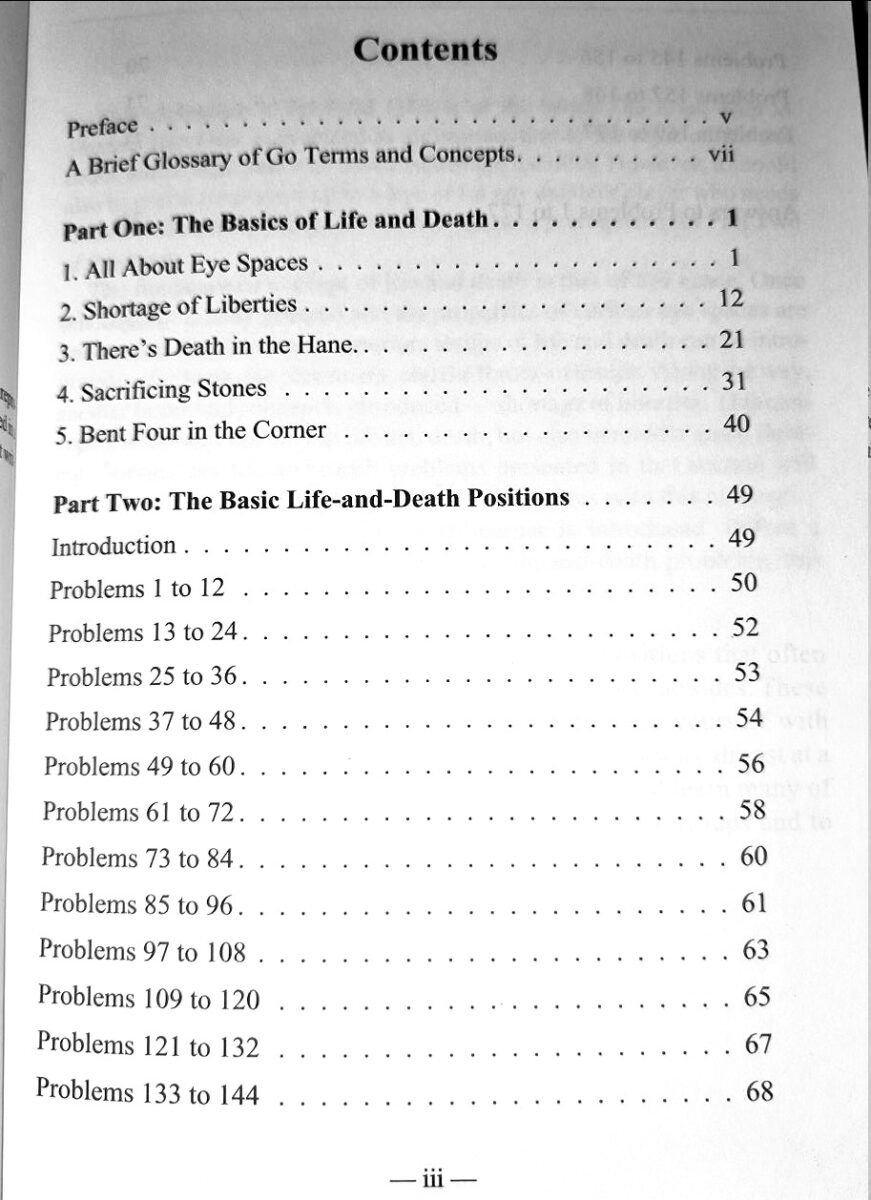 Contents page of 'The Basics of Life and Death', listing fundamental concepts such as eye spaces, shortage of liberties, and sacrificing stones.