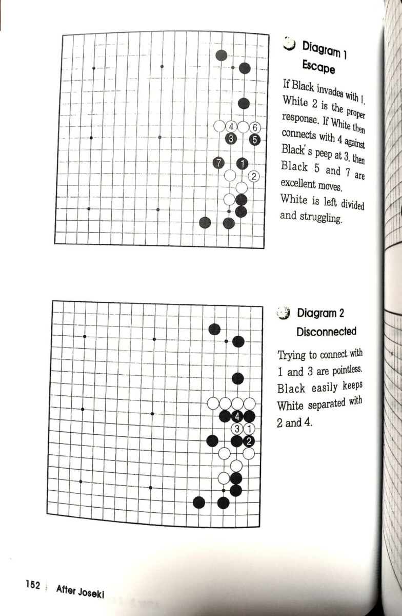 Go diagrams illustrating connection and disconnection after joseki sequences