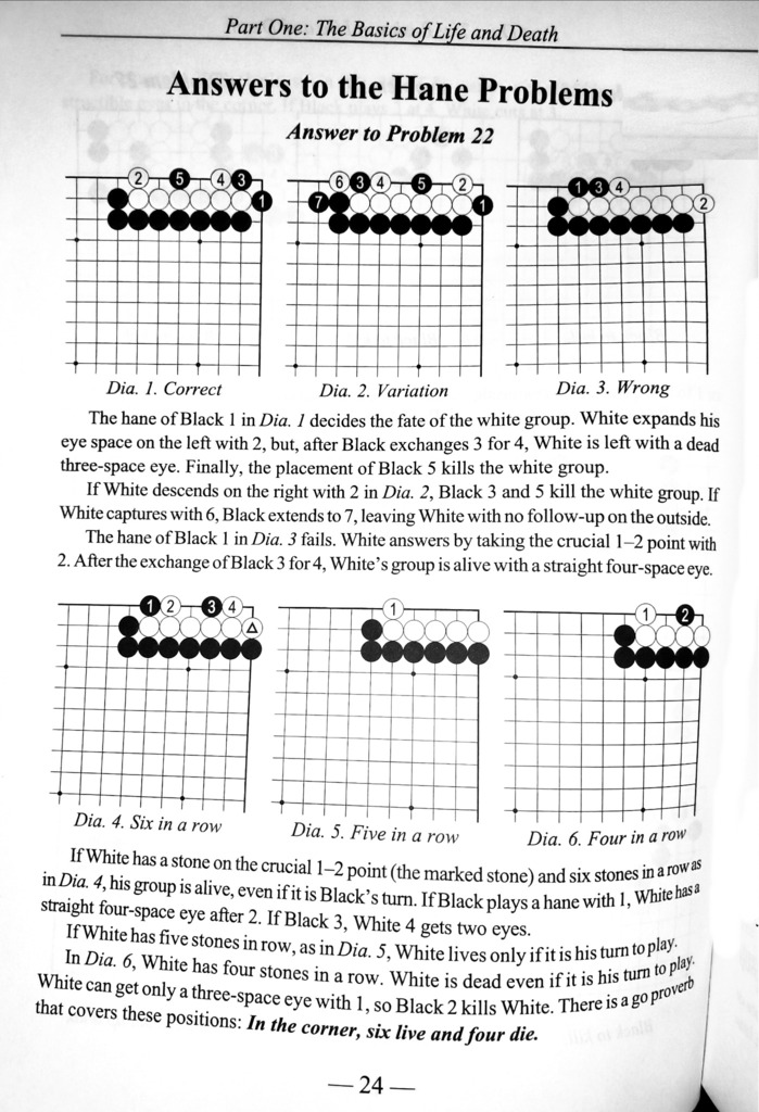 A page from 'The Basics of Life and Death' showing answers to hane-related Go problems, including diagrams illustrating correct and incorrect moves.