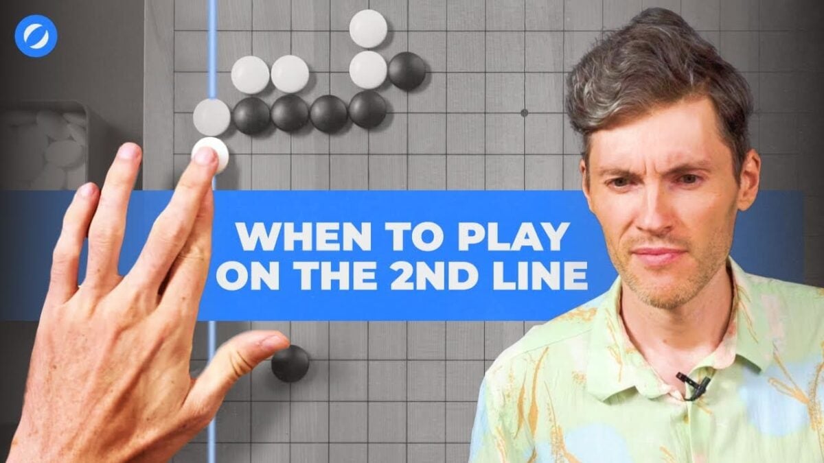 Thumbnail for a Go lesson about when to play on the second line, showing a board position, a hand, and an instructor.