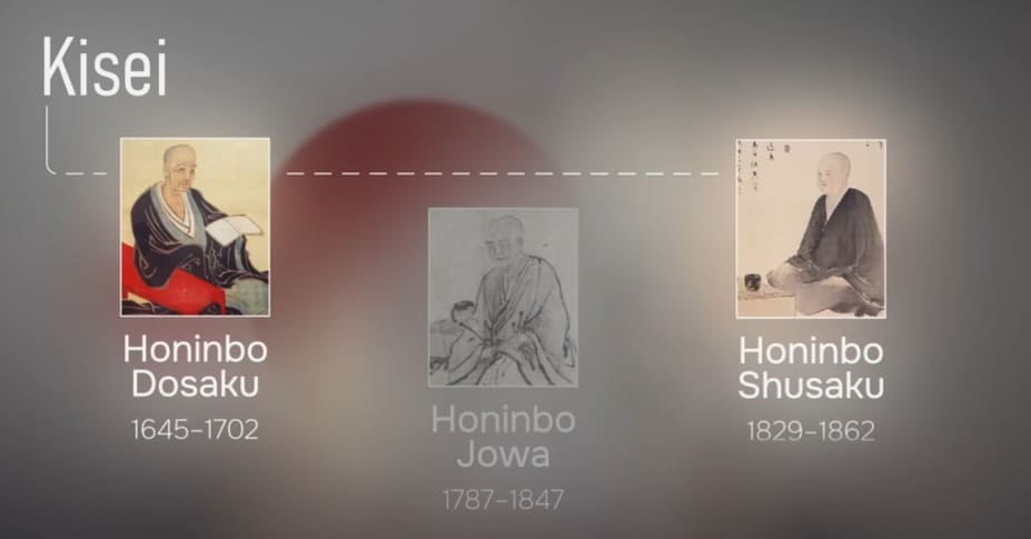 Historical timeline of famous Kisei title holders including Honinbo Dosaku, Jowa, and Shusaku