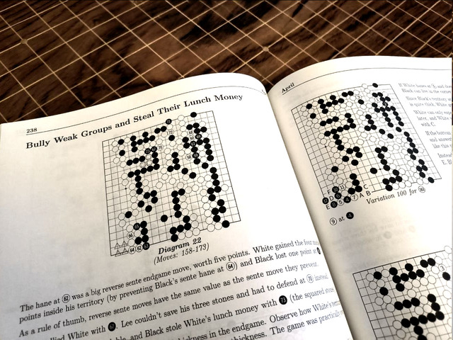 An open Go strategy book showing diagrams and the title 'Bully Weak Groups and Steal Their Lunch Money' with a Go board in the background.