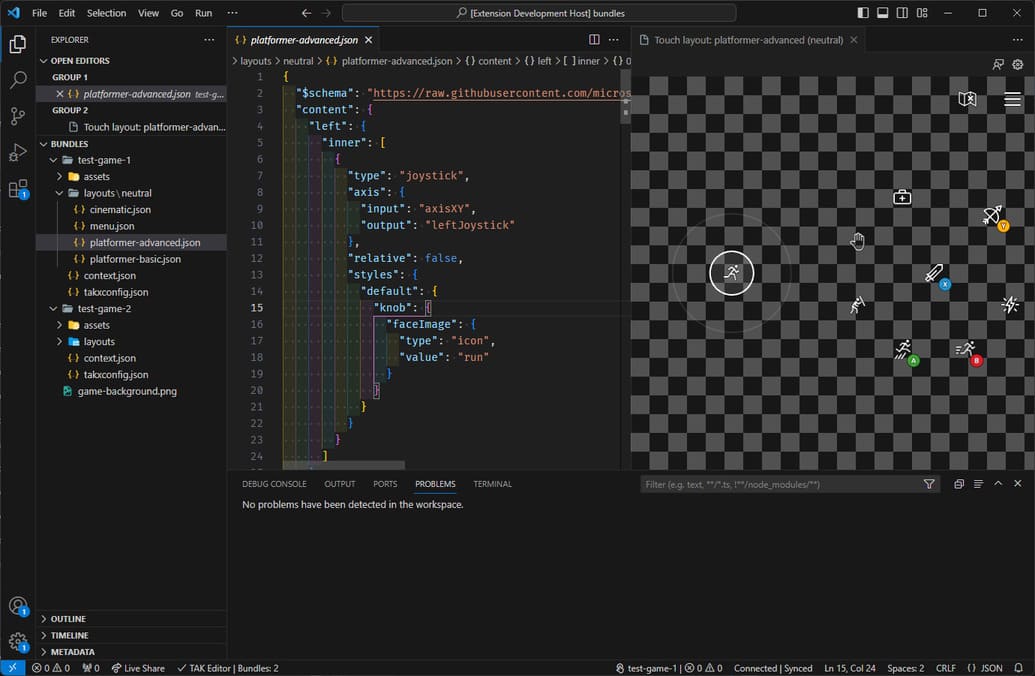 Visual Studio Code editor displaying JSON configuration for advanced touch layout with joystick and button mappings on a dark checkerboard background