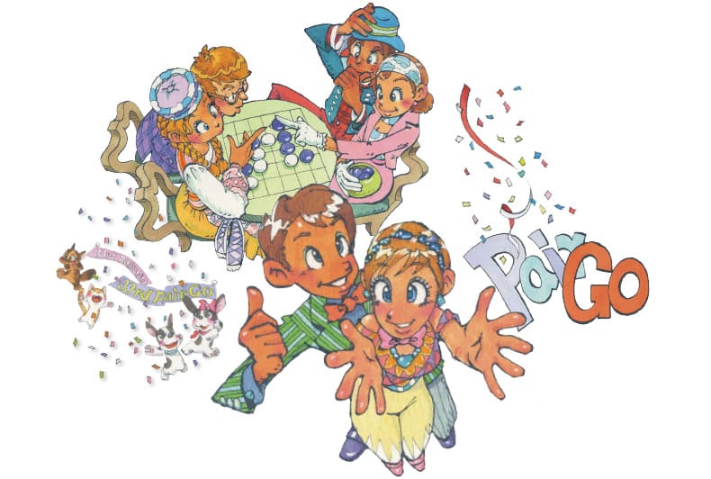 Colorful cartoon illustration of children playing and learning the game of Go