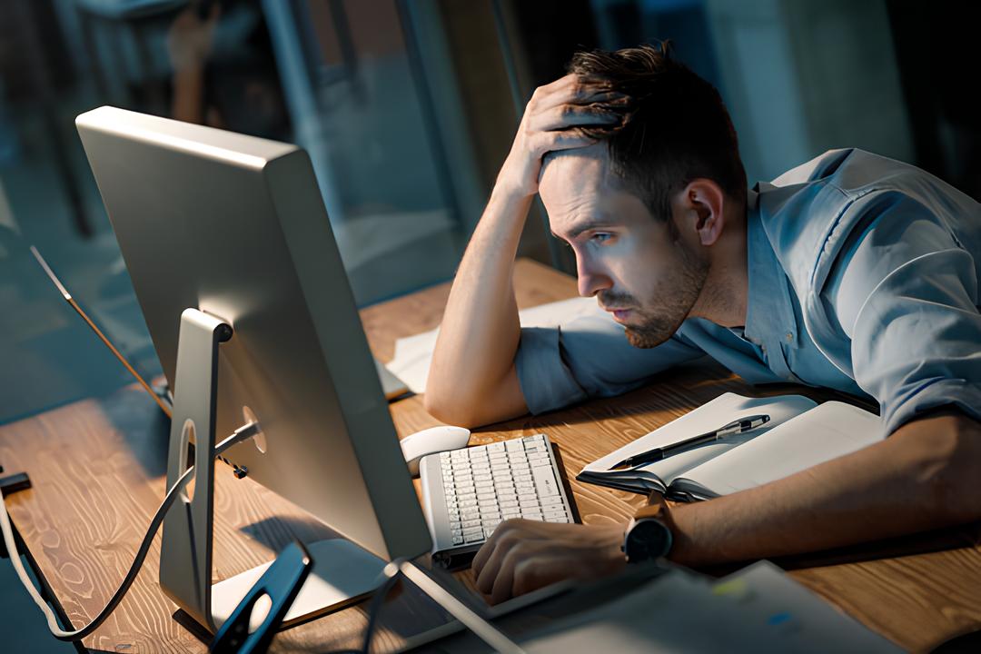 Exhausted man staring at a computer monitor late at night in an office