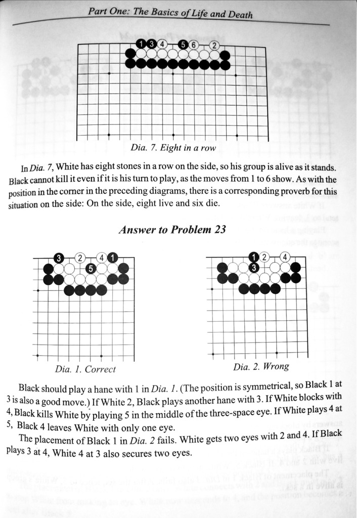 Continuation of hane problem solutions in Go, featuring diagrams and explanations on how different move sequences impact survival.