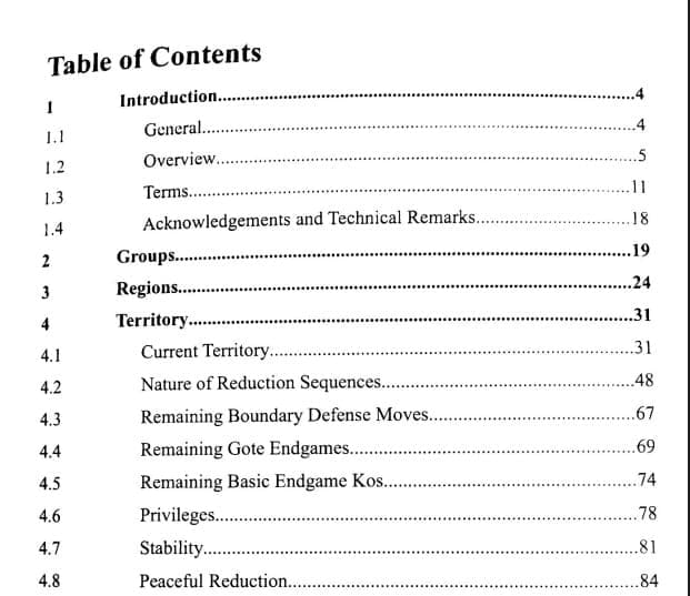 Table of contents from “Positional Judgement 1: Territory” by Robert Jasiek, detailing topics like current territory, gote endgames, and peaceful reduction
