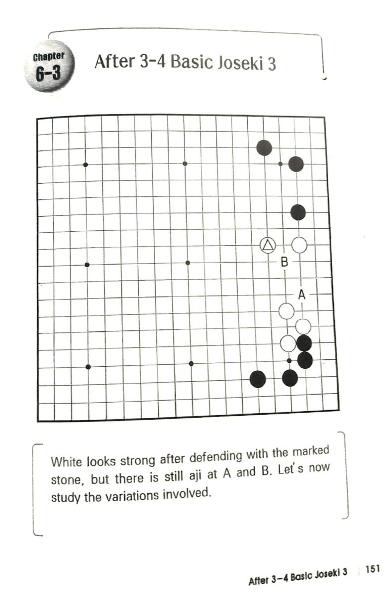 Go board diagram from a book explaining variations after the 3–4 basic joseki