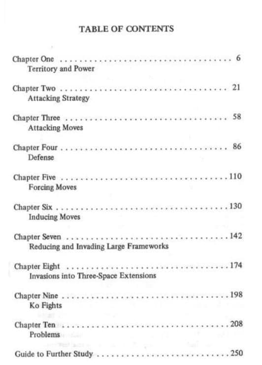 Contents page of "Attack and Defense" Go book listing chapters on territory, attacking strategy, defense, and ko fights.