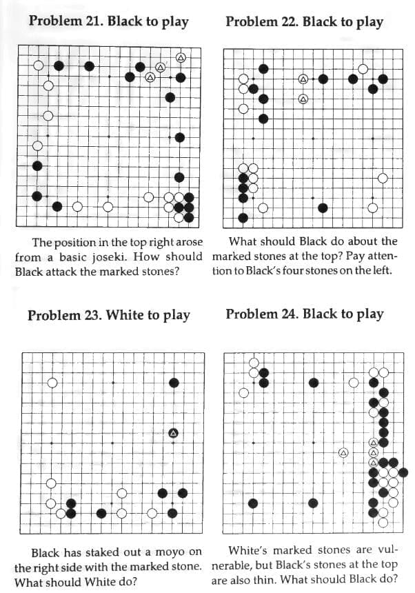 Go board diagrams from "Get Strong at Attacking" featuring Problems 21–24 for Black and White to play.