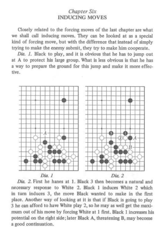 Diagrams and explanation from Chapter Six of "Attack and Defense," covering inducing moves and Black’s optimal play.