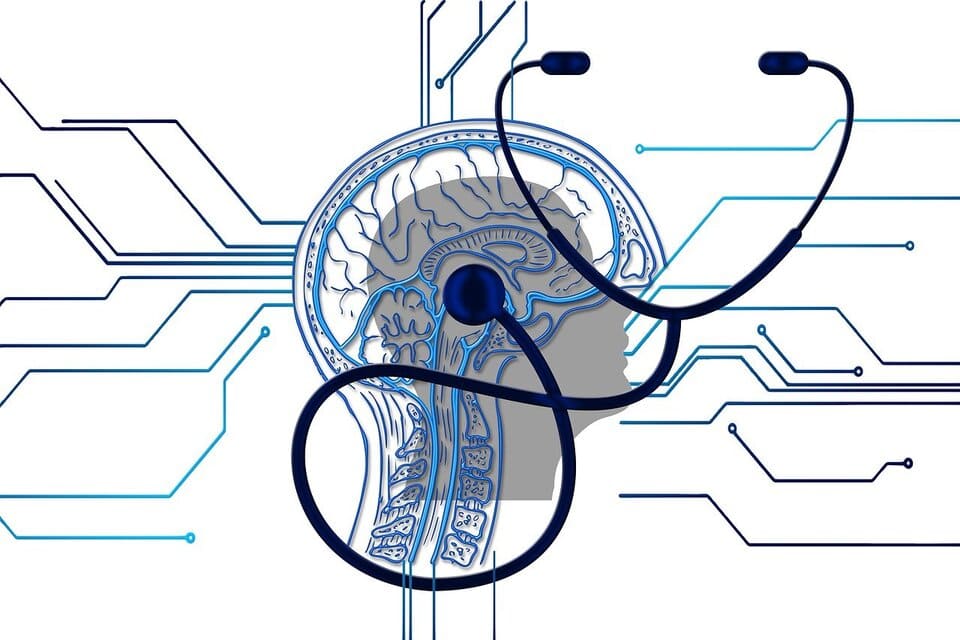 Medical-style illustration of the brain connected with digital and neural network elements