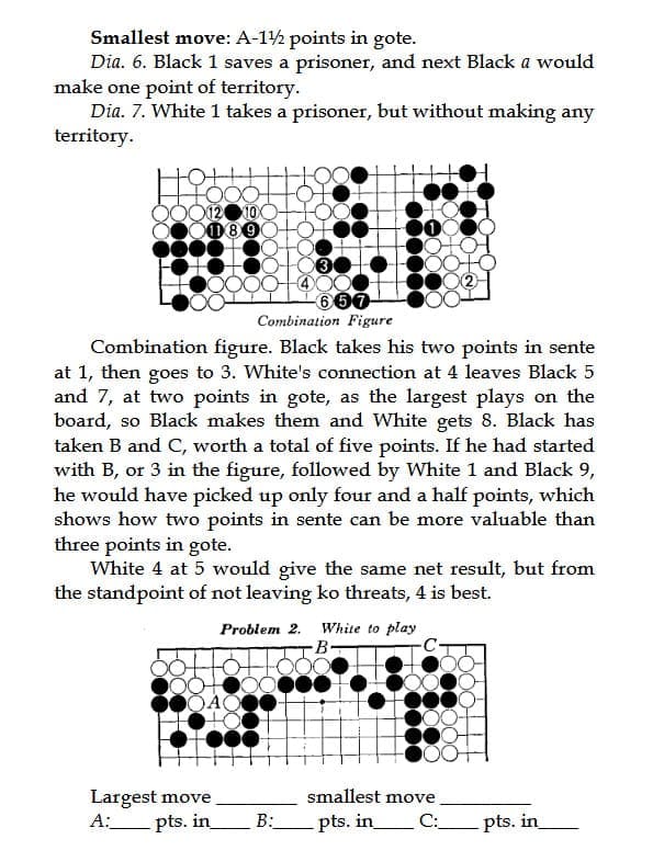 Diagram from "The Endgame" illustrating sente and gote plays, showing how move order impacts point gains.