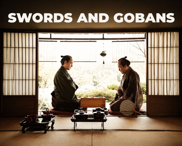Thumbnail showing a presenter beside a traditional Japanese scene with two people seated at a goban, titled “Swords and Gobans.”