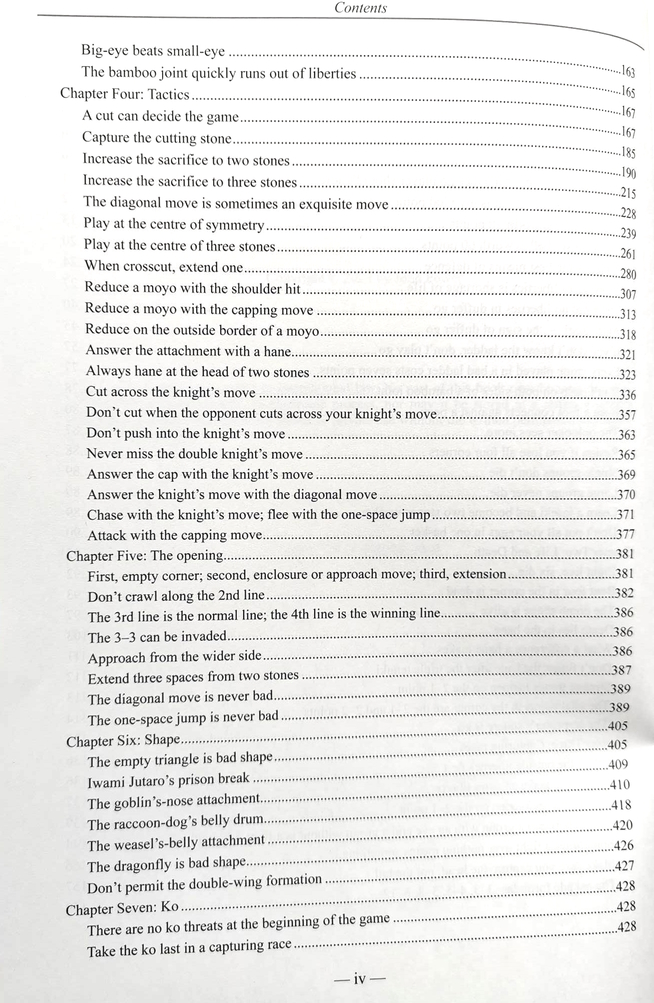 A page from 'Essential Go Proverbs' showing the table of contents with various Go tactics and strategies listed.