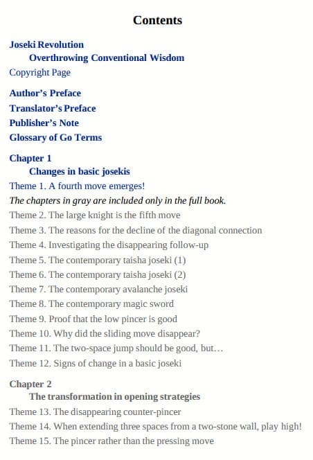 The contents of "Joseki Revolution" showing chapters on emerging joseki and opening transformations.