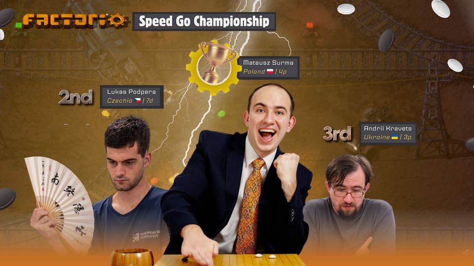 Promotional graphic for the Factorio Speed Go Championship showing the top three players.