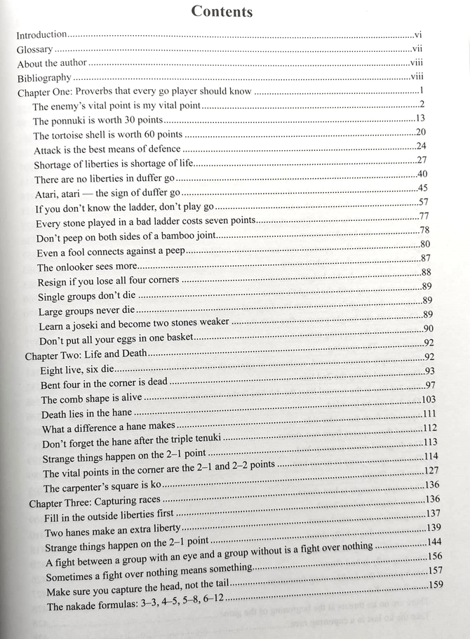 A second page from the table of contents of 'Essential Go Proverbs' listing key Go tactics like moyo formation and cutting strategies.