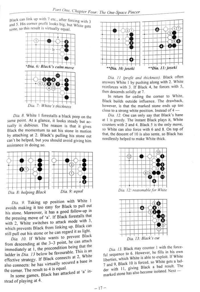 Printed Go diagrams explaining joseki and one-space pincer strategies