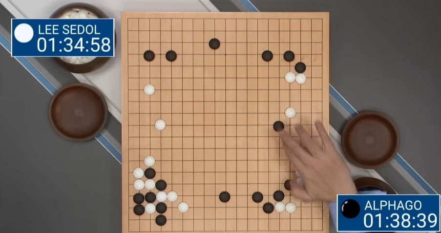 Go board showing midgame position from Lee Sedol vs AlphaGo match with timers