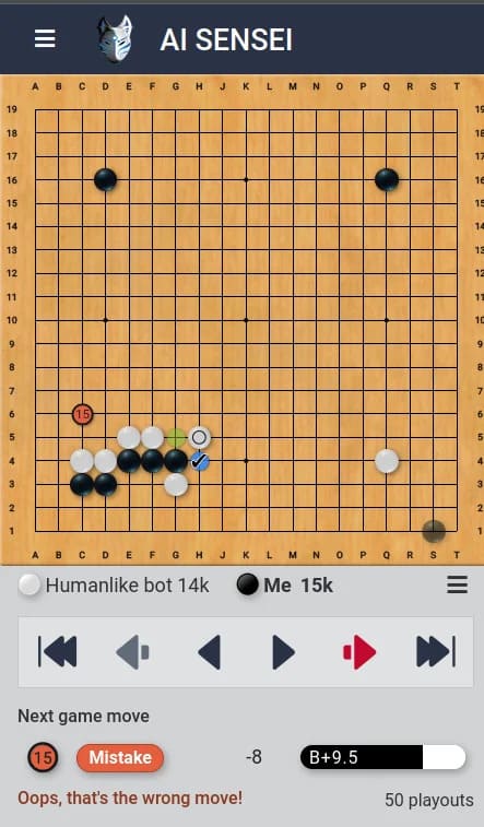 Mobile screenshot of AI Sensei showing a Go position, move controls, and a highlighted mistake in the lower-left corner.